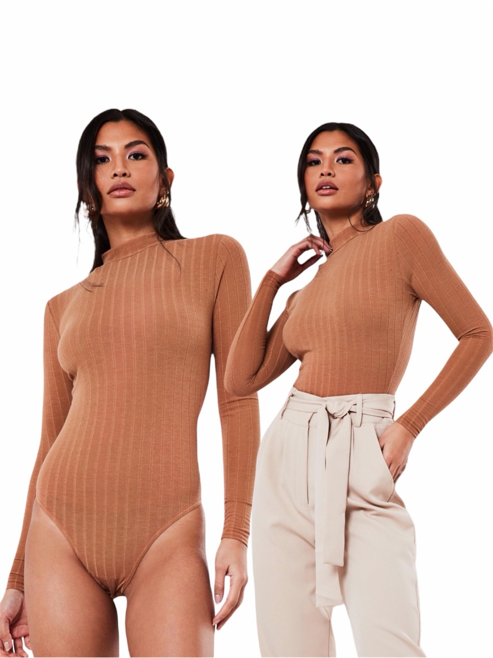 MISSGUIDED CAMEL EXTREME RIB HIGH NECK BODYSUIT - BNWT